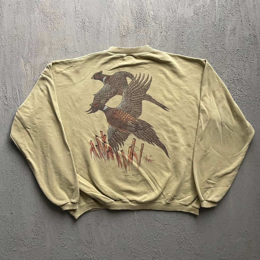 Vintage Pheasant Graphic Sweatshirt Mens XL Tan 90s Ring Necks Environmental Art